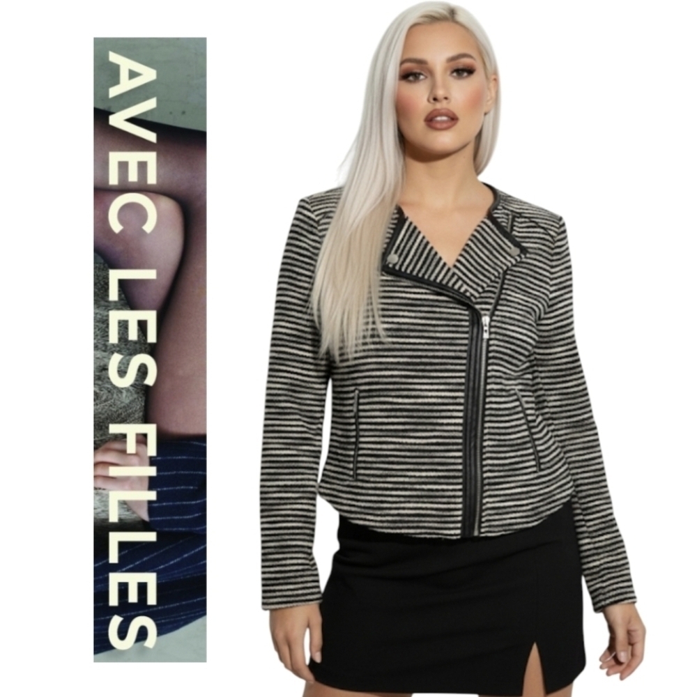 Avec Les Filles Asymmetrical Tweed Jacket Large Black White Stripe Full Zip